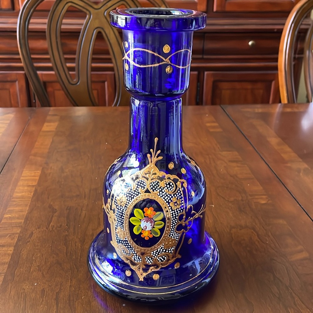 Vintage cobalt blue glass vase bottle 11”